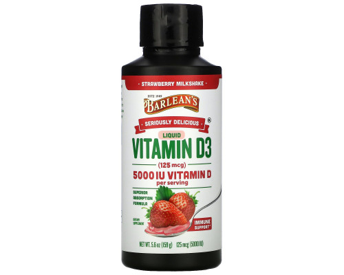 Barlean's, Seriously Delicious, Liquid Vitamin D3, Strawberry Milkshake, 125 mcg (5,000 IU), 5.6 oz (159 g) Barlean's, Seriously Delicious, Liquid Vitamin D3, Strawberry Milkshake, 125 mcg (5,000 IU), 5.6 oz (159 g)