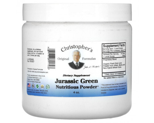 Зелень и зеленые овощи Christopher's Original Formulas, Jurassic Green, питательный порошок, 4 унции Зелень и зеленые овощи Christopher's Original Formulas, Jurassic Green, питательный порошок, 4 унции