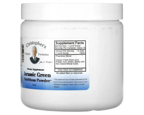 Зелень и зеленые овощи Christopher's Original Formulas, Jurassic Green, питательный порошок, 4 унции Зелень и зеленые овощи Christopher's Original Formulas, Jurassic Green, питательный порошок, 4 унции