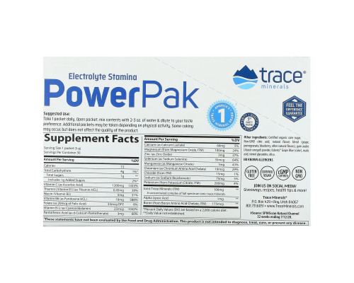 Trace Minerals ®, Electrolyte Stamina PowerPak, Pomegranate Blueberry, 30 Packets, 0.18 oz (5 g) Each Trace Minerals ®, Electrolyte Stamina PowerPak, Pomegranate Blueberry, 30 Packets, 0.18 oz (5 g) Each