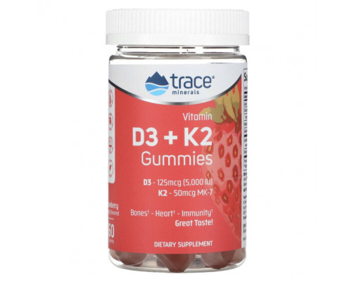 Витамин К Trace Minerals ®, Жевательные мармеладки с витамином D3 и K2, с клубникой, 60 жевательных таблеток Витамин К Trace Minerals ®, Жевательные мармеладки с витамином D3 и K2, с клубникой, 60 жевательных таблеток