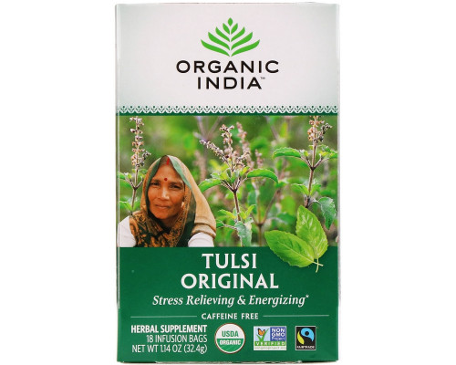 Organic India, Чай Туласи - священный базилик, в пакетиках, для снятия стресса, без кофеина 18 пакетиков (32.4 г) Organic India, Чай Туласи - священный базилик, в пакетиках, для снятия стресса, без кофеина 18 пакетиков (32.4 г)