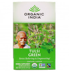 Organic India Чай Tulsi Священный базилик Зеленый чай в пакетиках, для энергии и снятия стресса, 18 пакетиков 1.21 унций (32.2 г)
