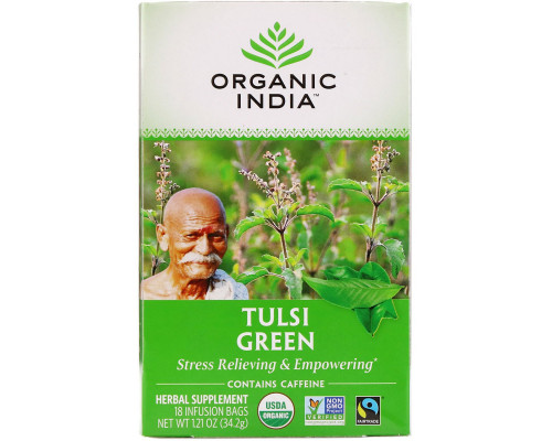 Organic India Чай Tulsi Священный базилик Зеленый чай в пакетиках, для энергии и снятия стресса, 18 пакетиков 1.21 унций (32.2 г) Organic India Чай Tulsi Священный базилик Зеленый чай в пакетиках, для энергии и снятия стресса, 18 пакетиков 1.21 унций (32.2 г)