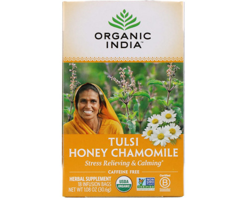 Organic India Чай с тулси медом и ромашкой без кофеина 108 унции (306 г) 18 пакетиков Organic India Чай с тулси медом и ромашкой без кофеина 108 унции (306 г) 18 пакетиков