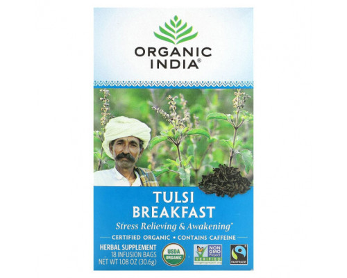 Травяные сборы и чаи Organic India, Чай тулси, завтрак, 18 пакетиков для настоя, 30,6 г (1,08 унции) Травяные сборы и чаи Organic India, Чай тулси, завтрак, 18 пакетиков для настоя, 30,6 г (1,08 унции)