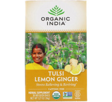 Organic India Чай тулси с ароматом лимона и имбиря в пакетиках, для снятия стресса, без кофеина 18 бумажных пакетиков 1.27 унций (36 г)