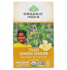 Organic India Чай тулси с ароматом лимона и имбиря в пакетиках, для снятия стресса, без кофеина 18 бумажных пакетиков 1.27 унций (36 г)
