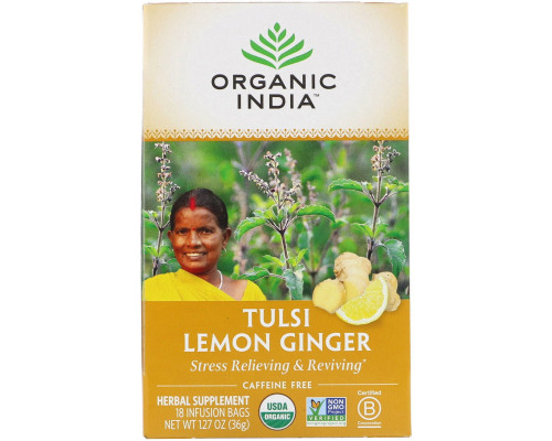 Organic India Чай тулси с ароматом лимона и имбиря в пакетиках, для снятия стресса, без кофеина 18 бумажных пакетиков 1.27 унций (36 г) Organic India Чай тулси с ароматом лимона и имбиря в пакетиках, для снятия стресса, без кофеина 18 бумажных пакетиков 1.27 унций (36 г)