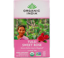 Organic India Чай Тулси Сладкая роза, в пакетиках, для снятия стресса,  Без кофеина 18 чайных пакетиков 101 унции (288 г)