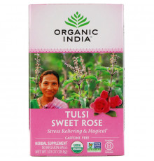 Organic India Чай Тулси Сладкая роза, в пакетиках, для снятия стресса,  Без кофеина 18 чайных пакетиков 101 унции (288 г)