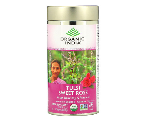 Organic India, Рассыпной Листовой чай туласи сладкая роза, для снятия стресса, без кофеина 35 унции (100 г) Organic India, Рассыпной Листовой чай туласи сладкая роза, для снятия стресса, без кофеина 35 унции (100 г)