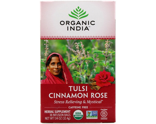 Organic India Tulsi Holy Basil Tea Caffeine-Free Cinnamon Rose 18 Infusion Bags 1.14 oz (32.4 g) Organic India Tulsi Holy Basil Tea Caffeine-Free Cinnamon Rose 18 Infusion Bags 1.14 oz (32.4 g)