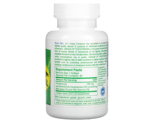 A.C. Grace Company, Unique E Tocotrienol, Tocopherol-Free, 60 Softgels A.C. Grace Company, Unique E Tocotrienol, Tocopherol-Free, 60 Softgels