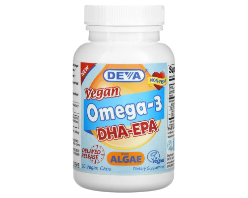 Deva, Веганские Омега-3, DHA-EPA, 90 Веганских Капсул Deva, Веганские Омега-3, DHA-EPA, 90 Веганских Капсул