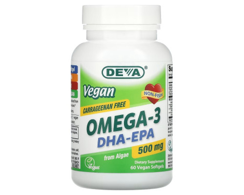 Deva, Vegan Omega-3 DHA-EPA, 500 mg, 60 Vegan Softgels Deva, Vegan Omega-3 DHA-EPA, 500 mg, 60 Vegan Softgels