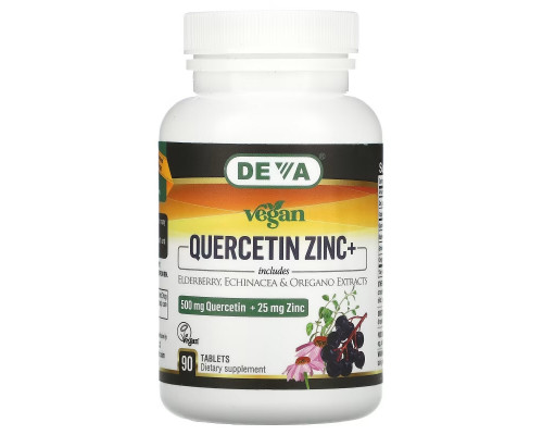 Deva, Vegan Quercetin, 500 mg, Zinc+, 25 mg, 90 Tablets Deva, Vegan Quercetin, 500 mg, Zinc+, 25 mg, 90 Tablets
