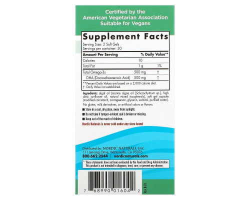 Nordic Naturals, Algae DHA, 500 mg, 60 Soft Gels Nordic Naturals, Algae DHA, 500 mg, 60 Soft Gels