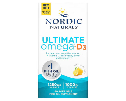 Nordic Naturals Ultimate Omega-D3 Комплекс кислот омега и витамина D3 с лимонным вкусом 1 000 мг 60 гелевых капсул Nordic Naturals Ultimate Omega-D3 Комплекс кислот омега и витамина D3 с лимонным вкусом 1 000 мг 60 гелевых капсул