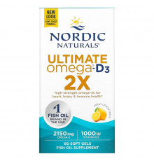Nordic Naturals, Ultimate Omega 2X с витамином D3, вкус лимона, 60 мягких капсул