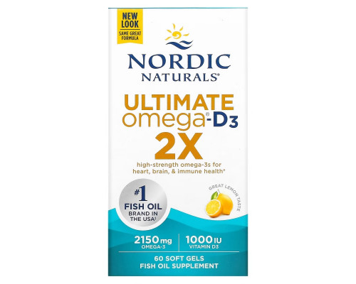 Nordic Naturals, Ultimate Omega 2X с витамином D3, вкус лимона, 60 мягких капсул Nordic Naturals, Ultimate Omega 2X с витамином D3, вкус лимона, 60 мягких капсул