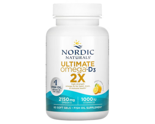 Nordic Naturals, Ultimate Omega 2X с витамином D3, вкус лимона, 60 мягких капсул Nordic Naturals, Ultimate Omega 2X с витамином D3, вкус лимона, 60 мягких капсул