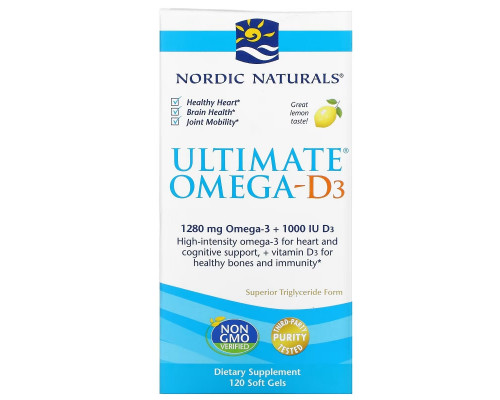 Nordic Naturals Ultimate Omega-D3 с лимоном 1000 мг 120 гелевых капсул Nordic Naturals Ultimate Omega-D3 с лимоном 1000 мг 120 гелевых капсул