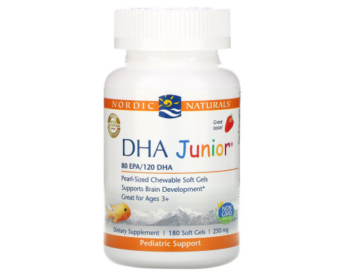 Nordic Naturals, DHA Junior, Клубника, 250 мг, 180 мягких таблеток Nordic Naturals, DHA Junior, Клубника, 250 мг, 180 мягких таблеток