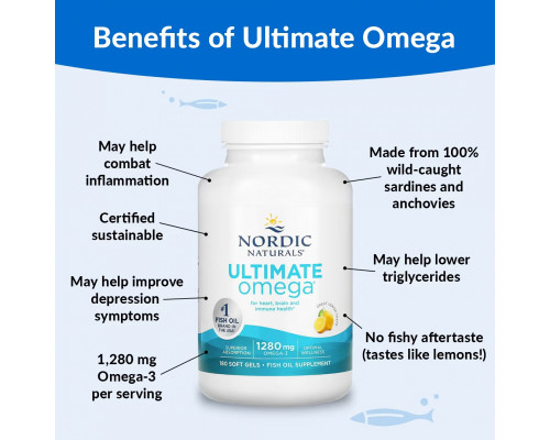 Nordic Naturals, Ultimate Omega, вкус лимона, 1,280 мг, 180 мягких капсул Nordic Naturals, Ultimate Omega, вкус лимона, 1,280 мг, 180 мягких капсул