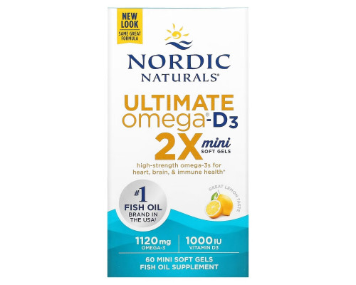 Nordic Naturals, Ultimate Omega 2X с витамином D3, лимон, 60 мягких мини-таблеток