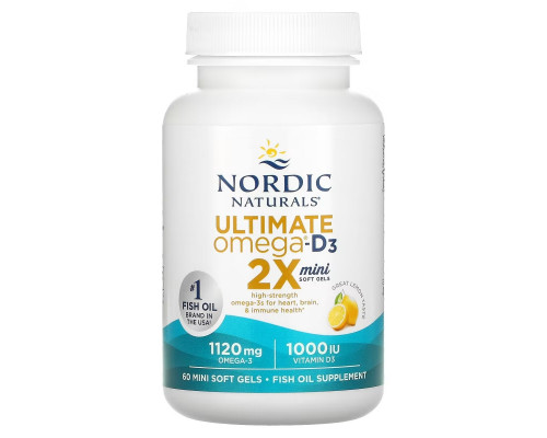 Nordic Naturals, Ultimate Omega 2X с витамином D3, лимон, 60 мягких мини-таблеток