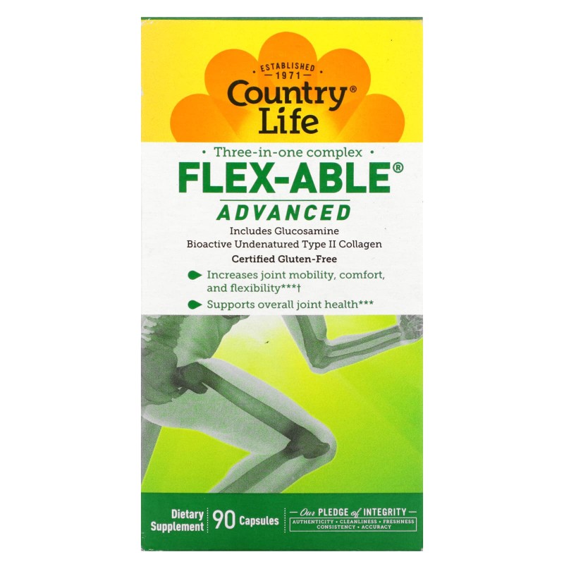 Country Life, Flex-Able Advanced для суставов с глюкозамином и биоактивным коллагеном II типа, 90 капсул