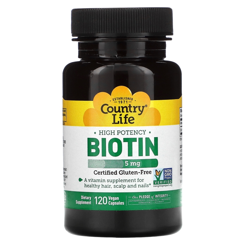 Country Life, Биотин, высокая эффективность, 5 мг, 120 веганских капсул