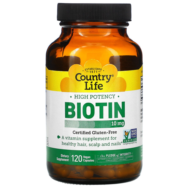 Country Life, Биотин, высокая эффективность, 10 мг, 120 веганских капсул