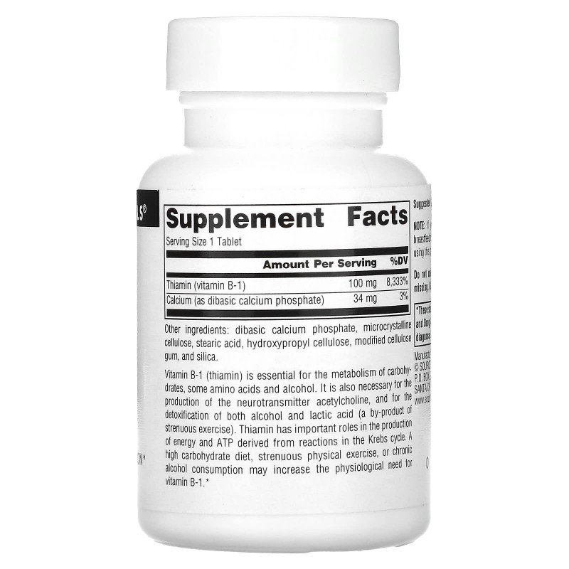 Source Naturals, Витамин B-1, тиамин, 100 мг, 100 таблеток