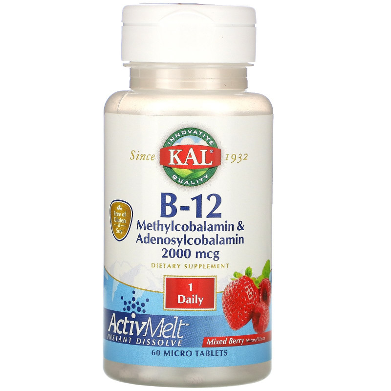KAL, B-12 Methylcobalamin & Adenosylcobalamin, ActivMelt, Mixed Berry, 2000 mcg, 60 Micro Tablets
