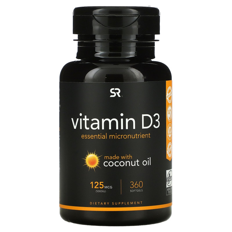Sports Research, Витамин D3 с Органическим Кокосовым Маслом, 5000 МЕ, 360 Желатиновых Капсул