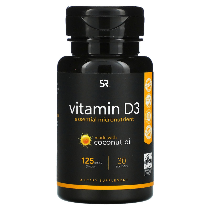 Sports Research, Витамин D3 с кокосовым маслом, 5000 МЕ, 30 мягких таблеток
