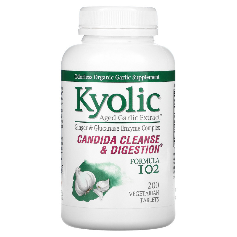 Kyolic, Формула 102, выдержанный экстракт чеснока, очищение от кандиды и улучшение пищеварения, 200 вегетарианских таблеток