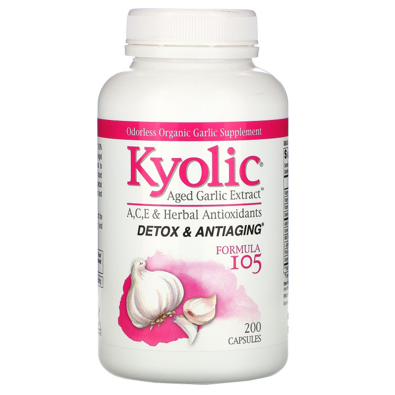 Kyolic, Выдержанный чесночный экстракт, детоксикация и омолаживание, формула 105, 200 капсул