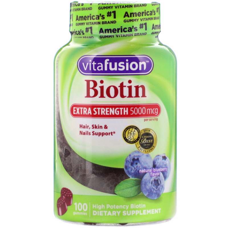 VitaFusion, Сверхсильный биотин, Для волос, кожи и ногтей, Натуральный вкус черники, 5000 мкг, 100 жевательных таблеток