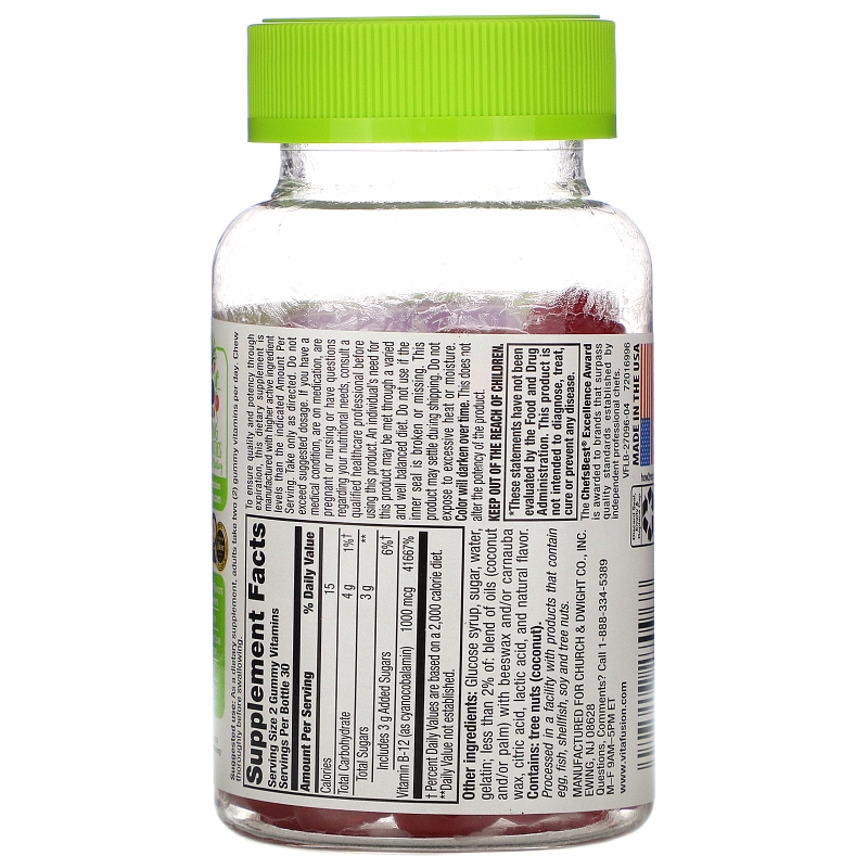 VitaFusion, Витамины B12 для взрослых, энергетическая поддержка, вкус натуральной малины, 1000 мкг, 60 конфет