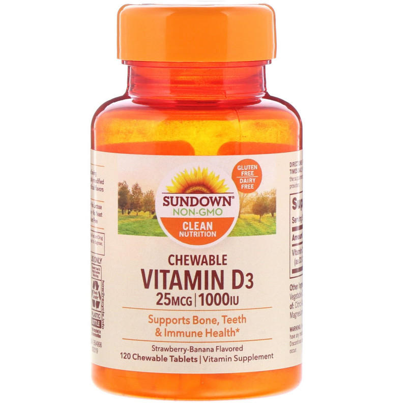 Sundown Naturals, Витамин D3 с клубнично-банановым вкусом, 25 мг (1000 МЕ), 120 жевательных таблеток