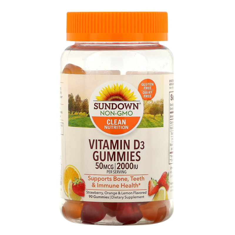 Sundown Naturals, Жевательные таблетки с витамином D3 со вкусами клубники, апельсина и лимона, 50 мкг /2 000 МЕ, 90 жевательных таблеток