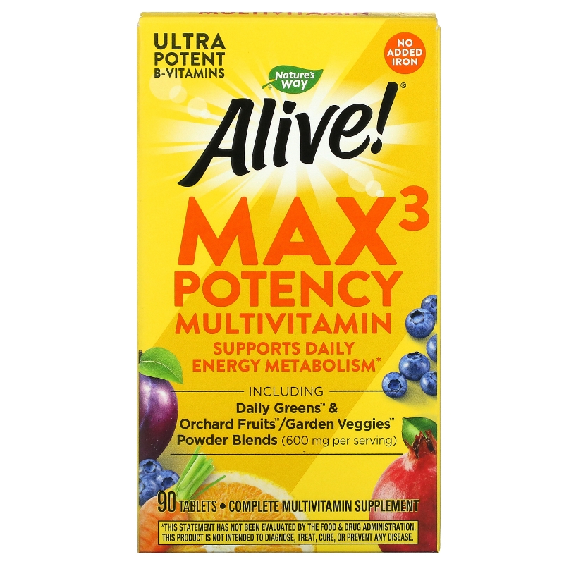 Nature's Way, Alive! Max3 Daily, Multi-Vitamin, No Added Iron, 90 Tablets