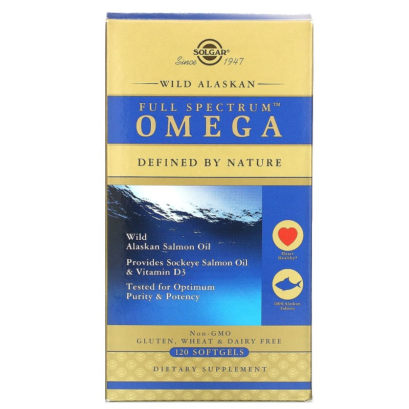 Solgar, Full Spectrum Omega, жир дикого лосося с Аляски, 120 мягких капсул
