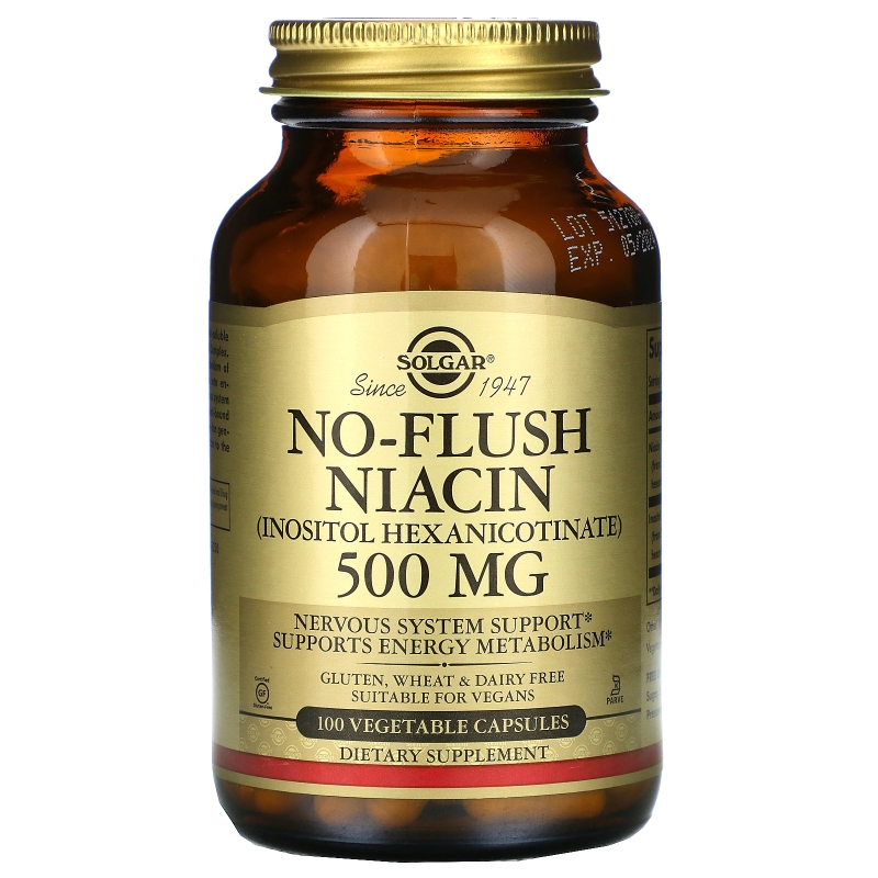 Solgar, Никотиновая кислота, без приливов жара, 500 мг, 100 вегетарианских капсул