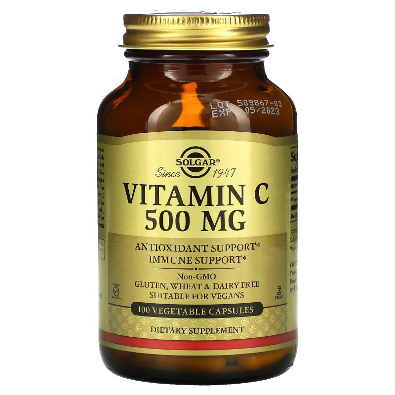 Solgar, Витамин C, 500 мг, 100 вегетарианских капсул