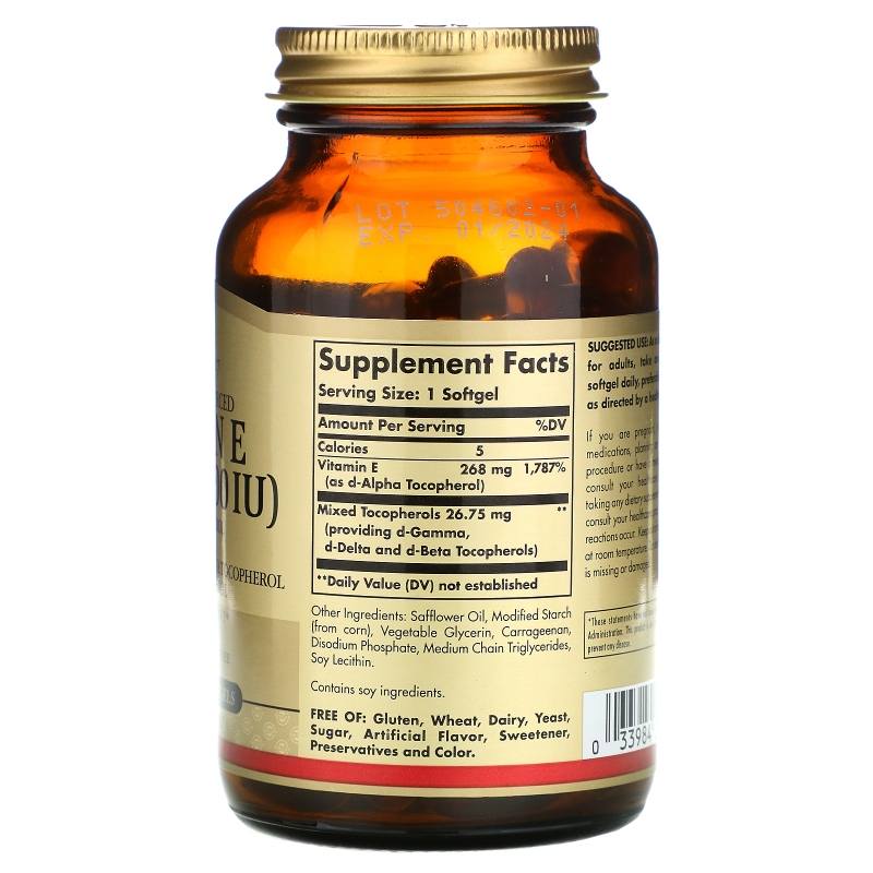 Solgar, Витамин E, 268 мг (400 МЕ), 100 мягких вегетарианских капсул