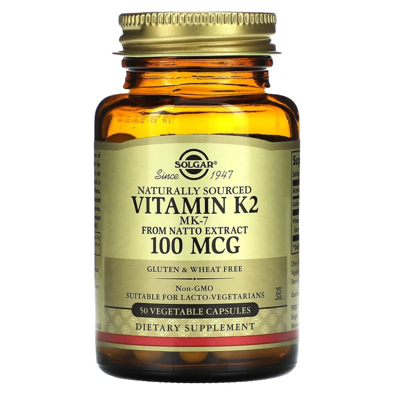 Solgar, Натуральный витамин K2, 100 мкг, 50 вегетарианских капсул